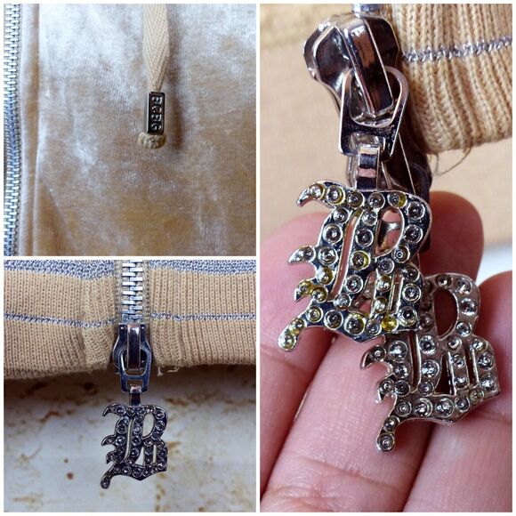 Vtg BCBGMAXAZRIA Y2K Velour Hoodie Track Jacket M Beige Rhinestone Graphic Flame - Picture 11 of 15